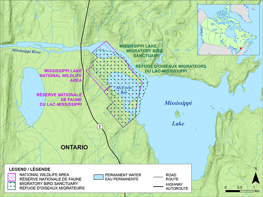 Map showing Mississippi Lake national wildlife area and migratory bird sanctuary